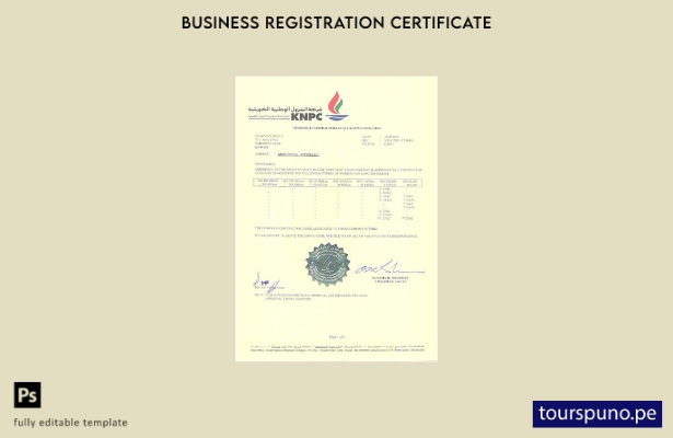 Plantilla de certificado de registro de Kuwait lista para imprimir